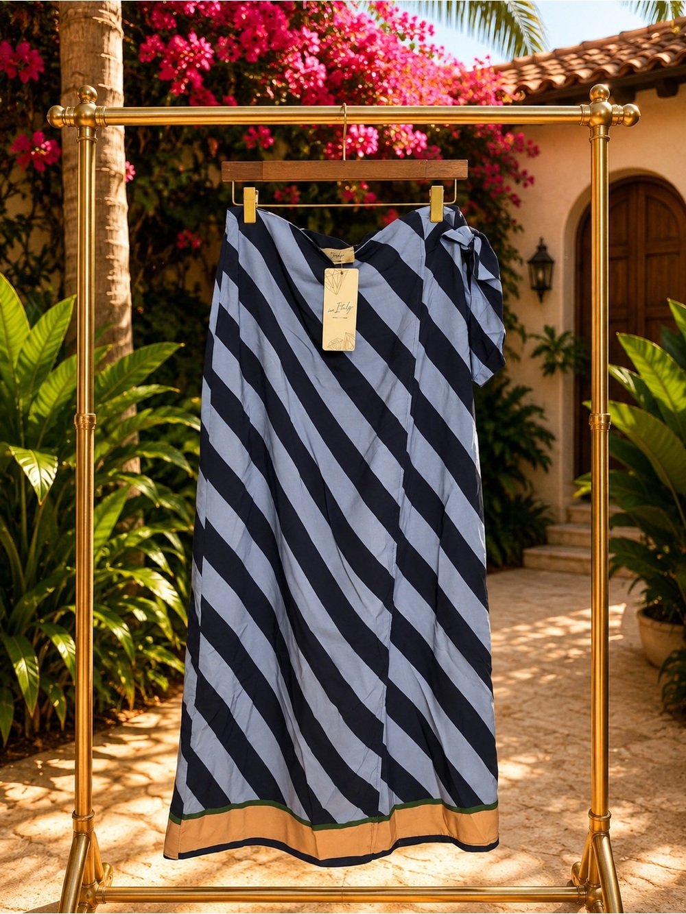Made in Italy Striped Diagonal Midi Wrap Around Skirt  - Navy & Light Blue OS